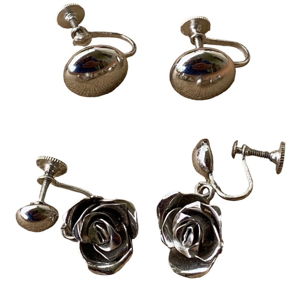 Vintage Silvertone Coro Screwback Earrings Group Lot of 2 Flowers Signed
